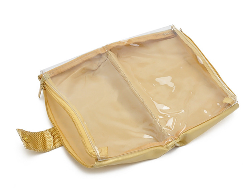 旅行のための化粧品袋の金色を折る携帯用洗面用品PUの革